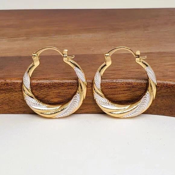 14K Gold Two Tone Silver Womens Small 1.25" Size Hoop Earrings Ladies Jewelry - Picture 5 of 5
